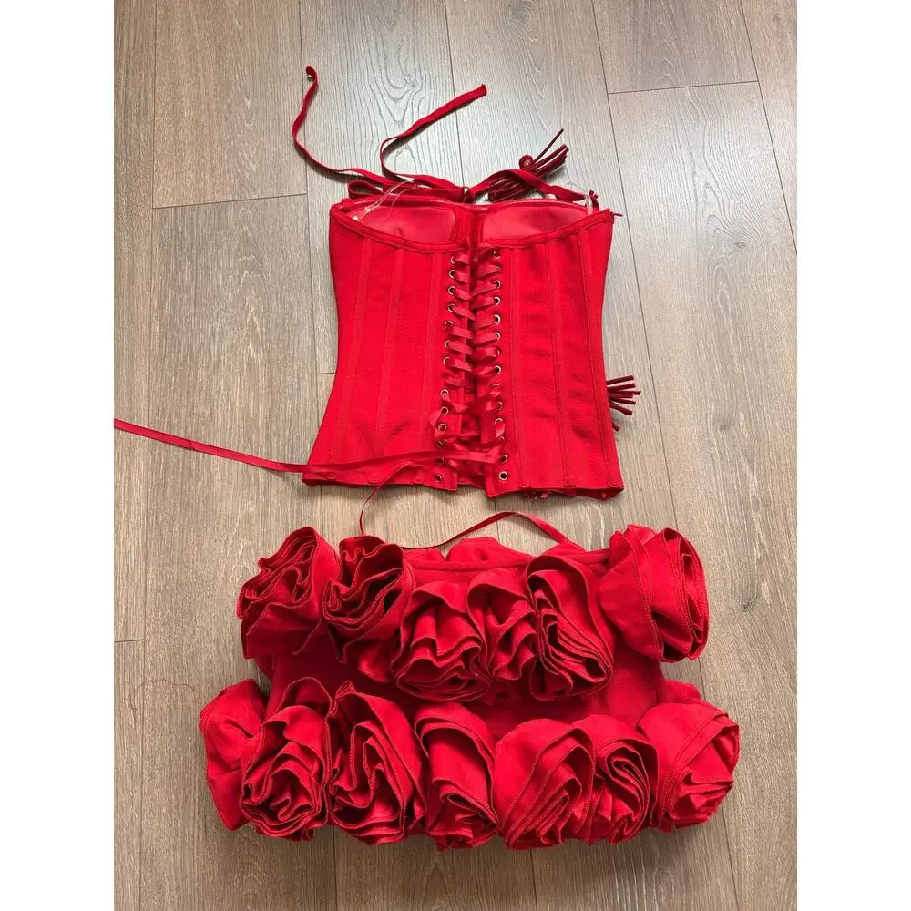 Ethan Design Halter Rose Floral Corset 2-Pieces‎ Dress in Red Small